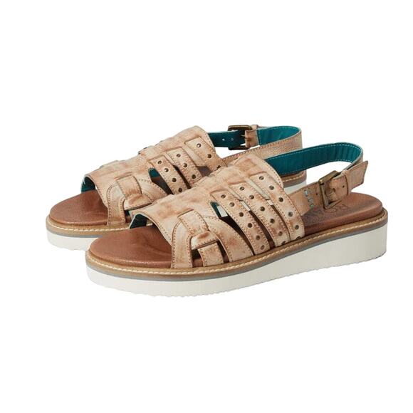NEW Beds Stu ROAN Crest Sandals Wedge Distressed Leather Pecan Womens Size 7 - Picture 1 of 7